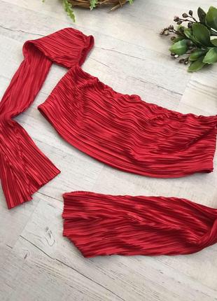 Блуза in the style красная короткая длинный рукав обнаженное плечи сексуальная плиссе2 фото