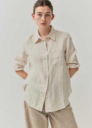 Бежево-серая льняная рубашка h&m