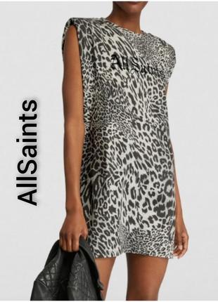 Платье туника allsaints из хлопкового трикотажа с леопардовым анималистичным принтом свободного кроя