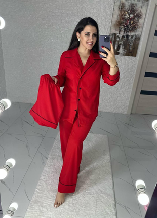 Пижама тройка женская кофта, брюки и шорты красного цвета п1002