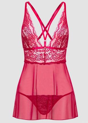 Еротичний мережевий пеньюар сітка в червоному кольорі, в комплекті з трусиками від бренду love&honey