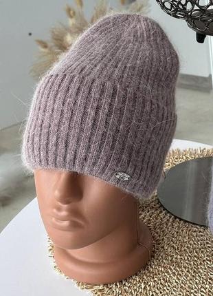 Тепла ангорова шапка на повному флісі жіноча зима подвійна з відворотом 55-59 ангора 45%