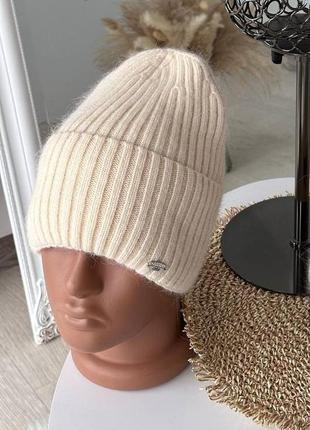 Тепла ангорова шапка на повному флісі жіноча зима подвійна з відворотом 55-59 ангора 45%