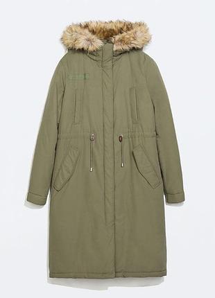 Стильная удлиненная  парка цвета хаки zara