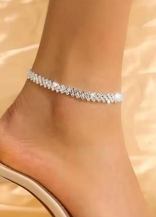 Серебристый анклет браслет на ноги с кристалами