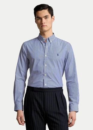 Оригінальна бавовняна сорочка polo ralph lauren блакитного кольору з принтом у смужку eur xl