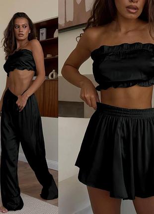 Пижама (домашний костюм) женская тройка (топ, шорты, брюки) шелк армане 42-46 черная, молочная