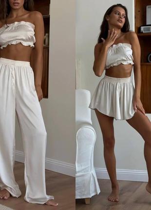 Пижама (домашний костюм) женская тройка (топ, шорты, брюки) шелк армане 42-46 черная, молочная