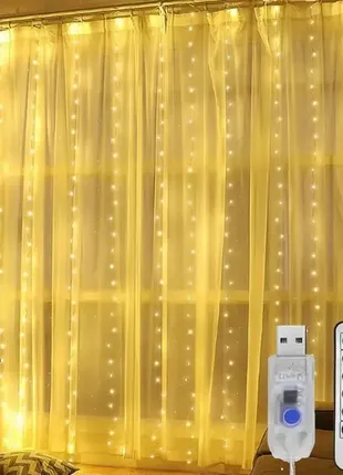 Світлодіодна гірлянда штора led light 3х2 метри від usb + пульт теплий sf-19