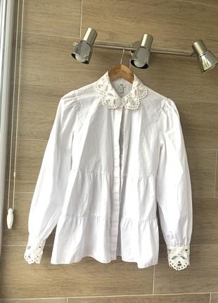 Белая блуза с прошвой, рубашка, рубашка декорированная.zara mango massimo dutti