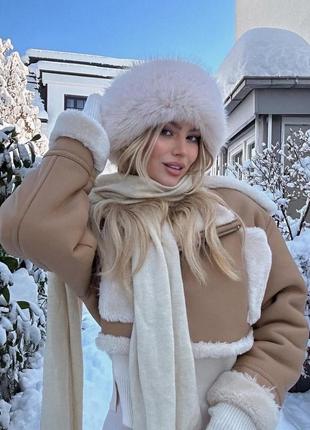 Шапка меховая эко меховая повязка бежевая белая мягкая ушанка зимняя