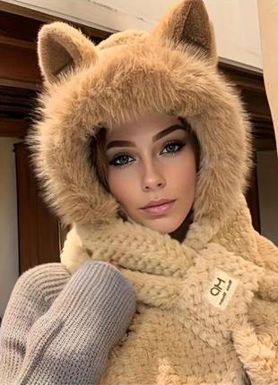 Теплая зимняя шапка, шарф с кошачьими ушками 🌹