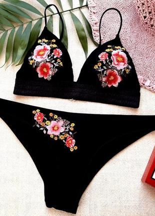 Черный раздельный купальник с вышивкой h&m