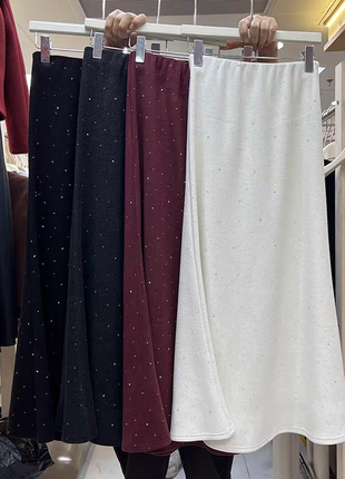 Теплая длинная зимняя юбка со стразами с камнями