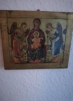 Старинная икона в деревянной рамке "плачущая божья матерь" греция