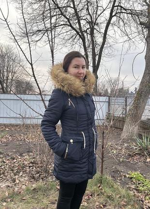 Куртка зима тепла темно синя парка пуховик з капюшоном