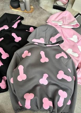 Худи с деликатным принтом, худи оверсайз трехнитка на флисе