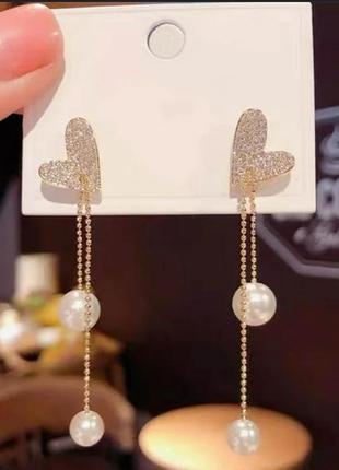 Сережки с сердечками, сережки с жемчужинами, серьги с жемчужинками, украшения, серёжки-протяжки