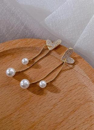 Сережки с сердечками, сережки с жемчужинами, серьги с жемчужинками, украшения, серёжки-протяжки