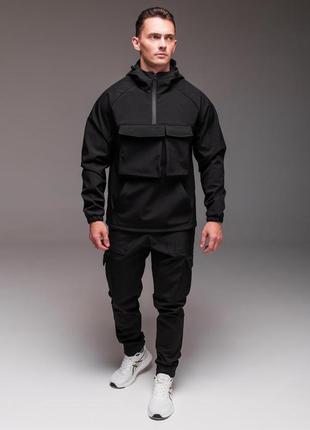 Мужской утепленный костюм softshell черный анорак + штаны