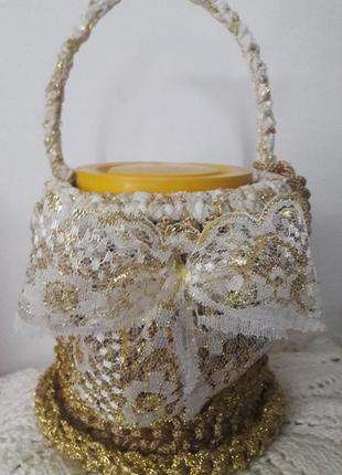 Стеклянная баночка в корзине! для воды обновления, для сыпучих, для сладостей!