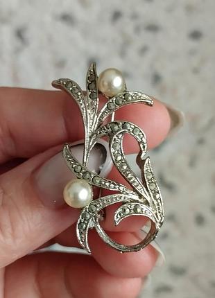 Винтажная брошь марказиты жемчужины имитация