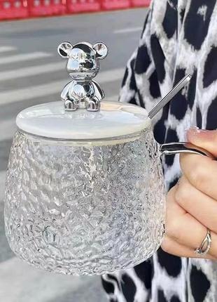 Скляна чашка  з ручкою, кришкою та ложкою