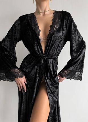 Комплект белья с черным бархатистым халатиком🔥6 фото