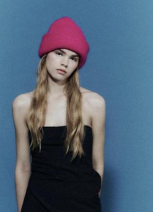 Рожева малинова шапка zara, тепла зимова шапочка зара