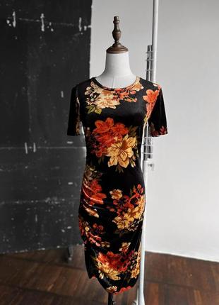Zara womens floral velvet midi dress short sleeve женское, вельветовое платье с цветами