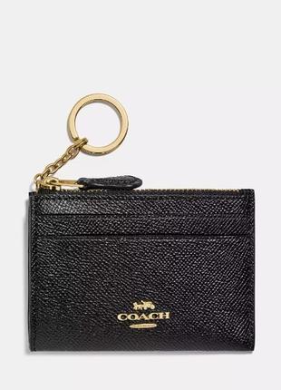 Кожаный мини кошелек картхолдер coach черный чехол для карт c кольцом для ключей коач оригинал