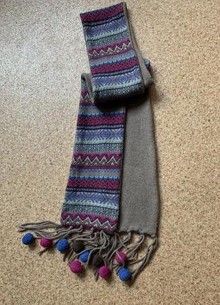 Теплый двойной двухсторонний длинный шарф шерсть орнамент бахрома 185х15 см