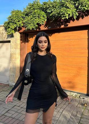 Платье мини с рукавами-сеточкой