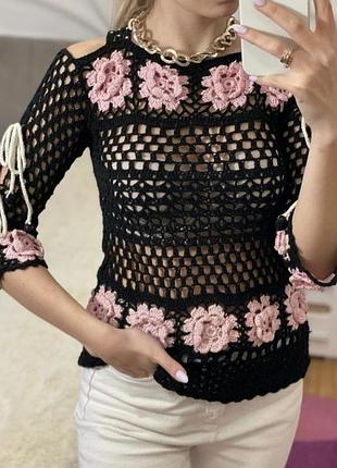 Винтажный милый свитер ручной работы handmade ретро кофта цветочная винтаж y2k coquette альт cottagecore цветы розы бантики гранж