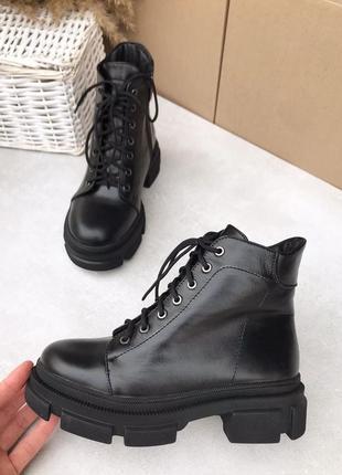 Шкіряні зимові чорні 🥾 черевики на шнурках