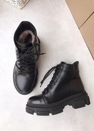 Шкіряні зимові чорні 🥾 черевики на шнурках4 фото