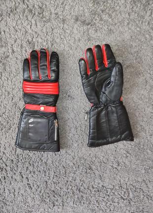 Кожаные теплые черно-красные мото перчатки краги.