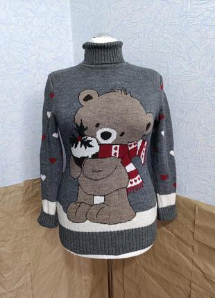 Новогодний свитер женский шерстяной вязаный под горло onesize