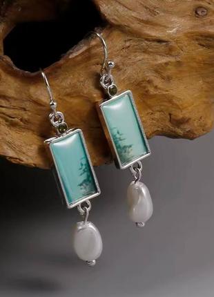 Женские винтажные висячие серьги с камнями жемчужинами цирконом жемчуга узором блестящие прямоугольники оригинальные распродаж акция подарок тренд мода