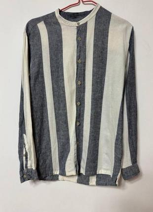 Сорочка рубашка жіноча біла сіра льон смужка bershka, розмір m - l