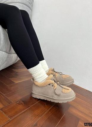 Серые бежевые натуральные замшевые зимние туфли зимние зима на шнурках кеды автоледи с бежевым мехом тедди барашком на меху толстой подошве с липучкой2 фото