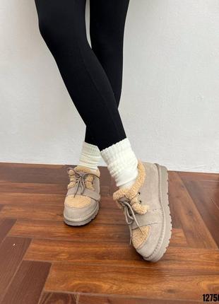 Серые бежевые натуральные замшевые зимние туфли зимние зима на шнурках кеды автоледи с бежевым мехом тедди барашком на меху толстой подошве с липучкой9 фото