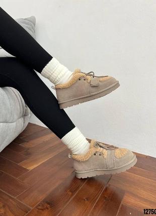 Серые бежевые натуральные замшевые зимние туфли зимние зима на шнурках кеды автоледи с бежевым мехом тедди барашком на меху толстой подошве с липучкой8 фото