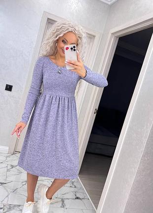 Женское ангоровое платье с завышенной талией сиреневое платье с разклёшенной юбкой ниже колен (206)