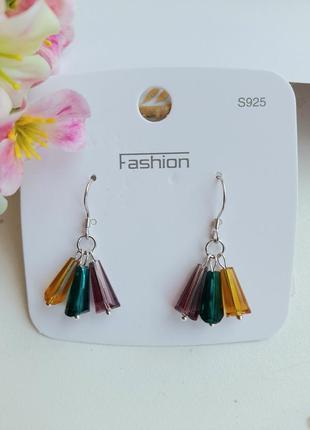 Сережки с цветными кристаллами посеребренные