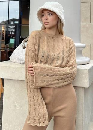 Укороченный свитер с выпущенными петлями/кофта клетка блуза кроп-топ бежевая бежевая оверсайз свитшот реглан пуловер прозрачная паутинка