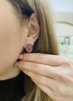 Серебряные серьги с кораллом 925 проба