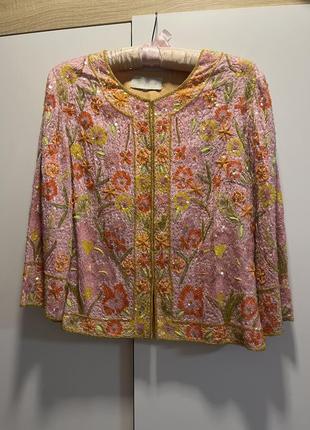 Вінтажний жакет рожевий в квіти(бісер, паєтки)шовк elegance paris