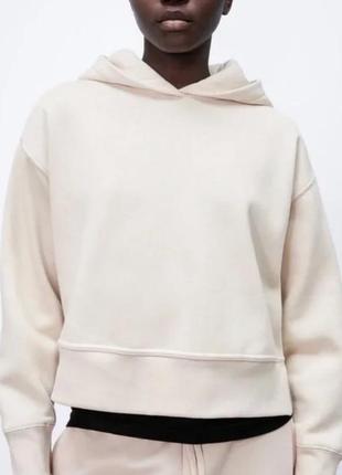 Базовый укороченный худи свитшот толстовка светлый бежевый s-m с капюшоном