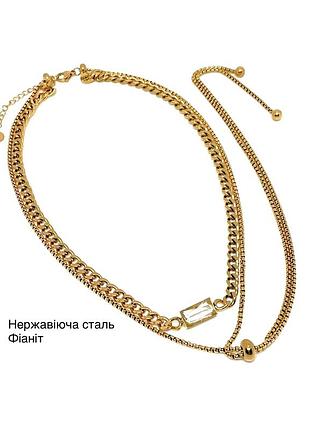 Тренд нержавіюча сталь фіаніт подвійний золотистий ланцюжок кольє чокер намисто
